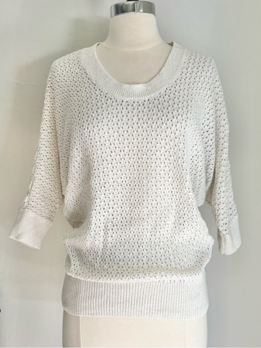 Express Ivory Open Knit Dolman Sleeve Sweater Metallic Thread Accents, Small